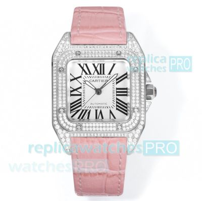Swiss Replica Cartier Santos 100 Watch Diamond Set 35.6mm Pink Leather Strap 